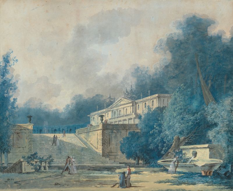 Una villa en un parque con figuras en primer plano, óleo sobre lienzo de Antoine Pierre Mongin
