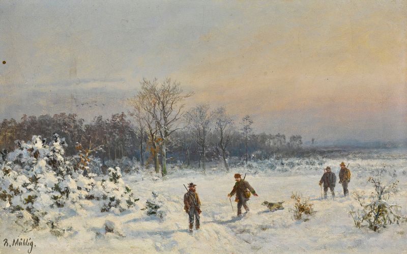 Hunters in the Snow by Bernhard Mühlig, realism, depicting figures trudging through a snowy landscape