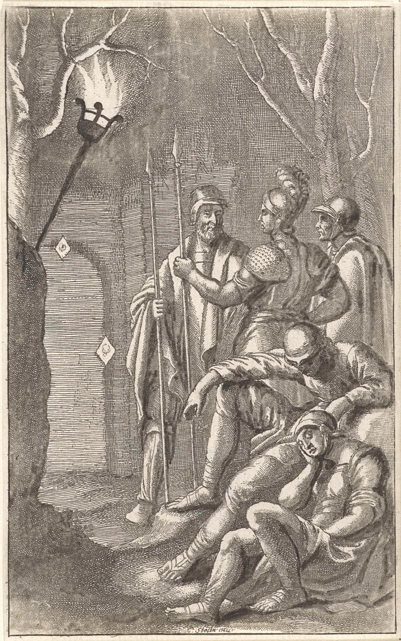 Wachters bij graf van Christus, gravura de Wenceslaus Hollar, figuras de luto em um túmulo