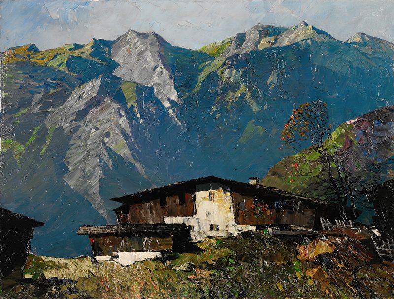 Landscape of a farmhouse in the mountains, oil painting by Oskar Mulley