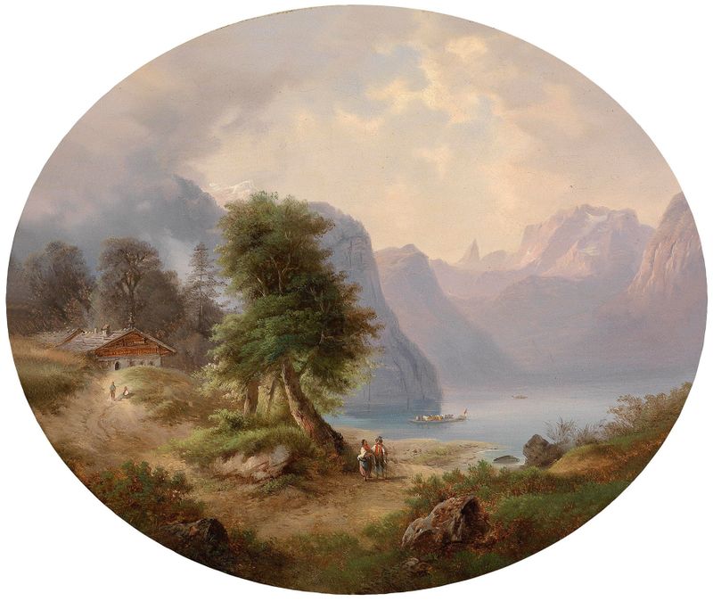 Landscape featuring ruins and mountains by Gustav Barbarini, oil painting