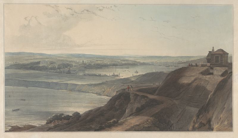 Oil on canvas by William Daniell depicting a harbor scene with boats in Cornwall