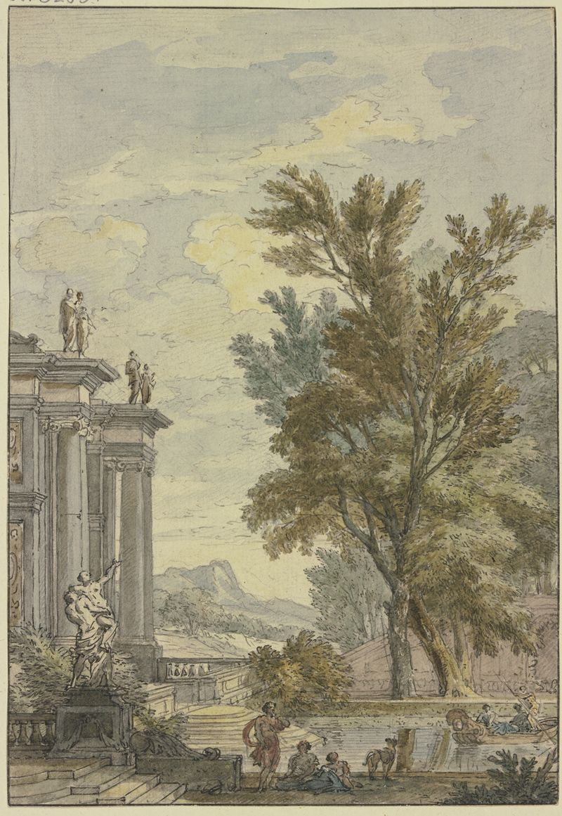 Landscape with a gondola on a bassin, columns and statues, by Isaac de Moucheron, oil painting