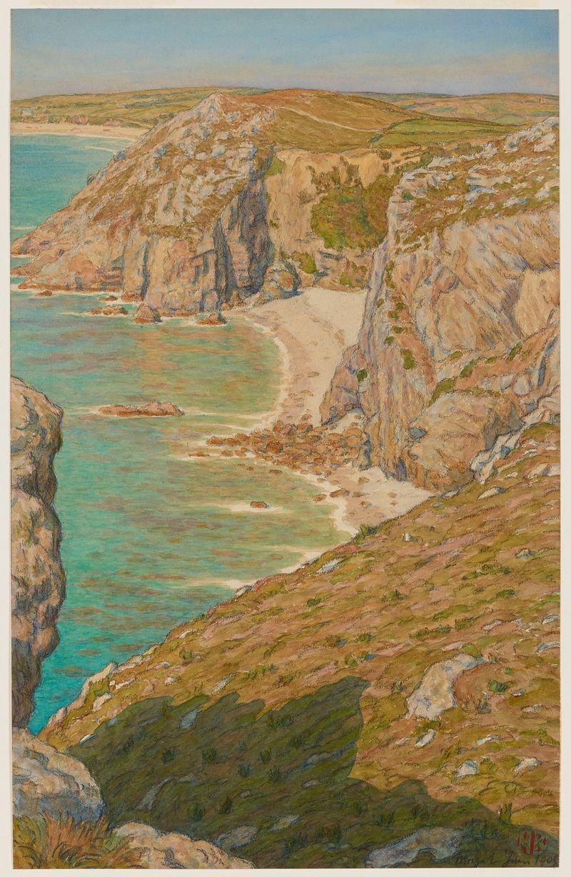 Falaises de Port Haor de Henri Rivière, retratando falésias e ondas do oceano, pintura a óleo