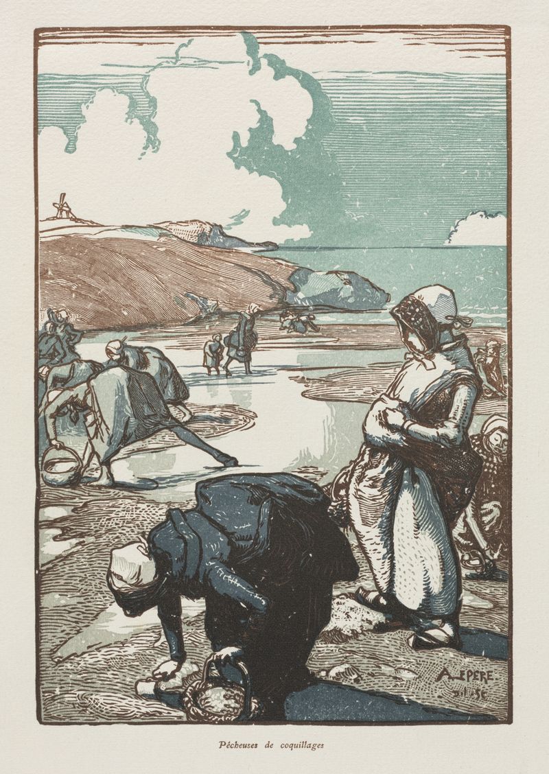 Escena marina que muestra mujeres pescando de Auguste Louis Lepère, medio desconocido