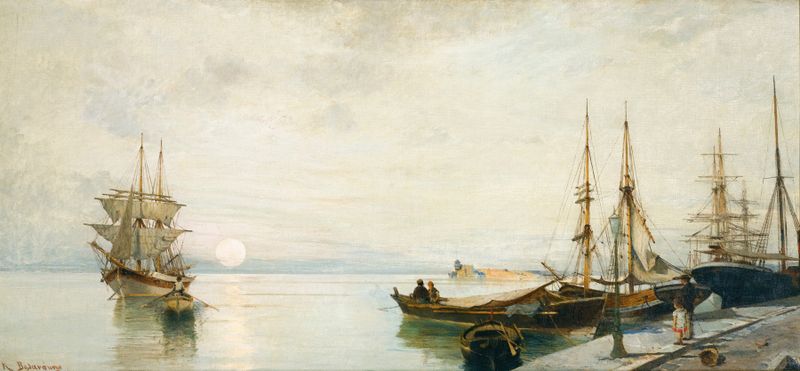Sunset Over A Greek Port, oil on canvas by Konstantinos Volanakis