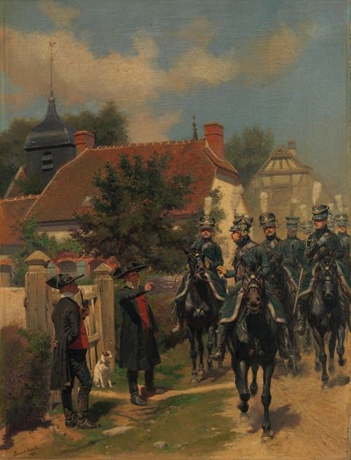 A historical painting depicting French gendarmes in uniform.