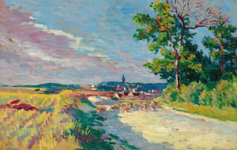 Paysage à Méréville by Maximilien Luce, oil on canvas depicting a serene landscape with trees and sunlight.