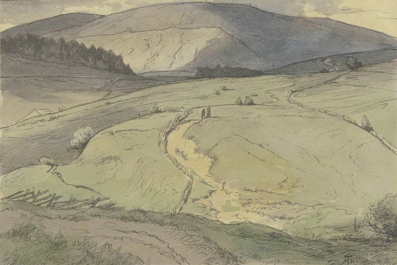 Landscape with rolling hills and mountains, oil painting by Hans Thoma