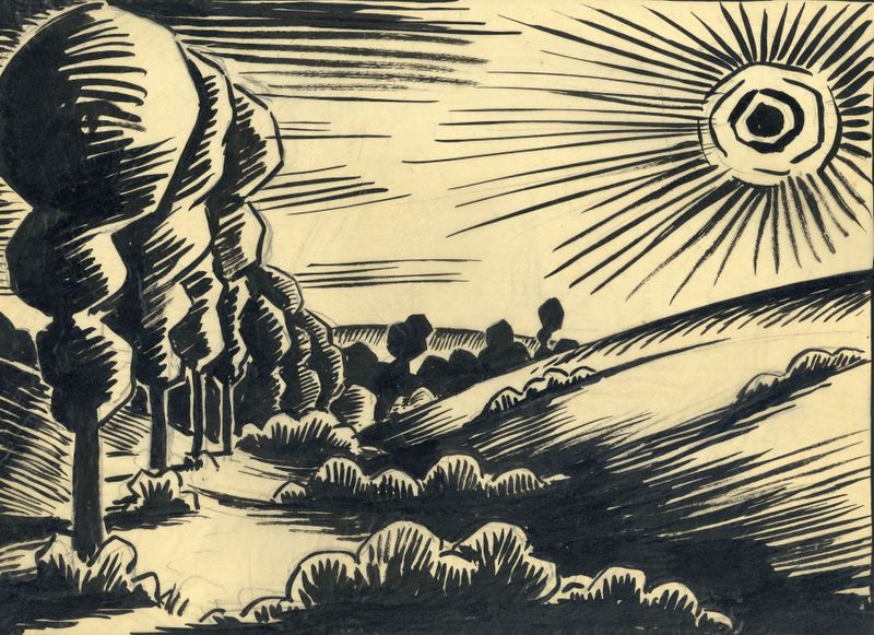 Landschap in inkt by Albert Daenens, ink on paper landscape with swirling lines.
