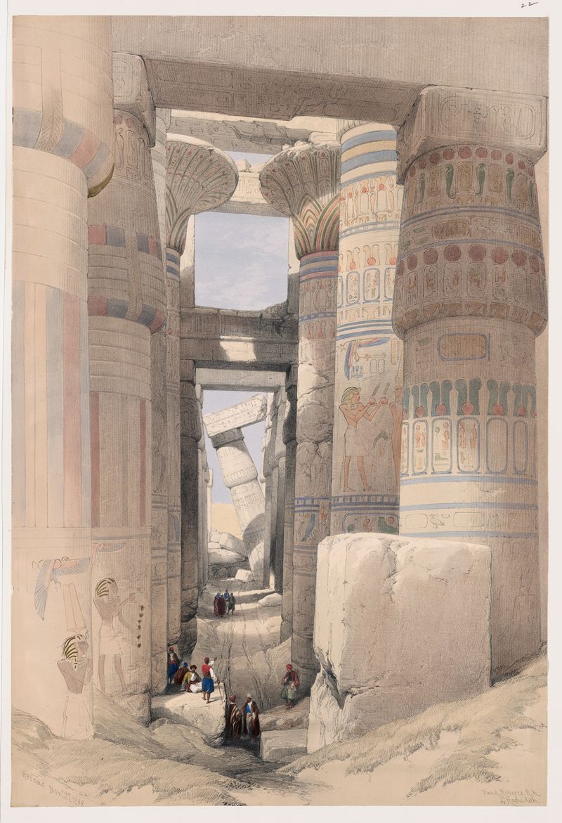 Litografía de David Roberts que representa Karnac con columnas monumentales y un cielo brillante.