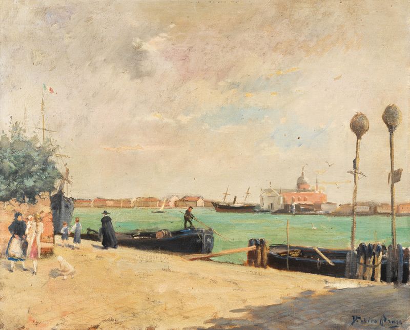 Venice, Zattere by Italico Brass, oil on canvas depicting a lively canal scene