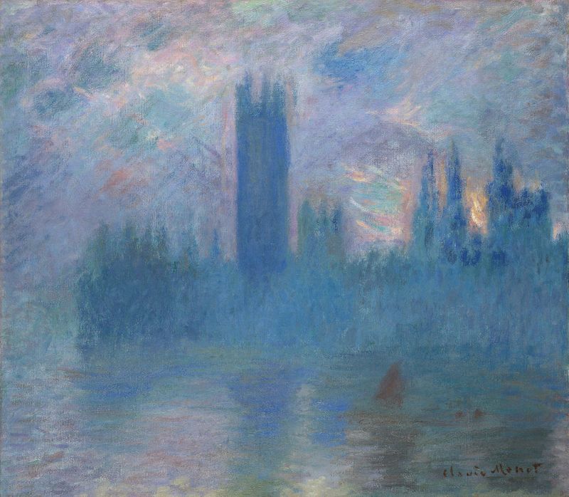 Houses of Parliament, London de Claude Monet, pintura a óleo que retrata uma paisagem ao crepúsculo