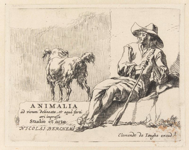 Zittende herder met zijn hond, grabado de Nicolaes Pietersz Berchem, que representa a un pastor con un perro en un paisaje...