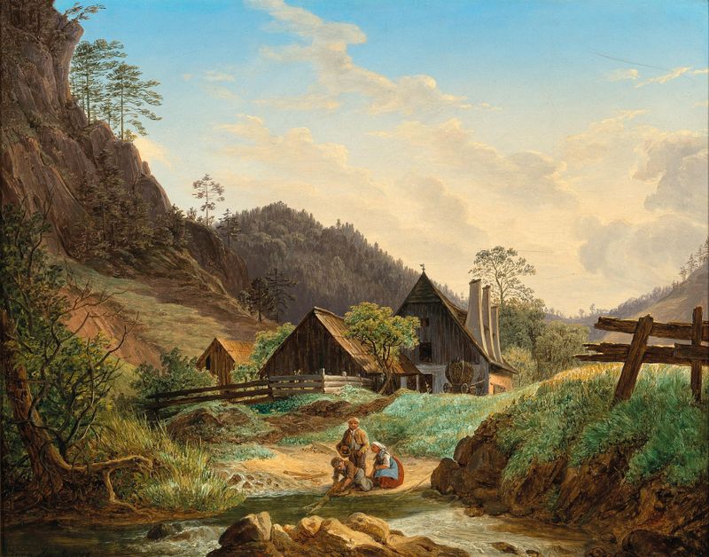 Landscape featuring a creek and mountains, oil painting by Matthias Rudolf Toma