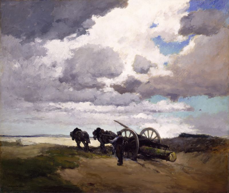 The Wain Team by George Elmer Browne, oil on canvas showing a detailed carriage and horses