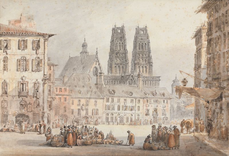 Genre scene depicting Rouen by Amelia Long, oil painting
