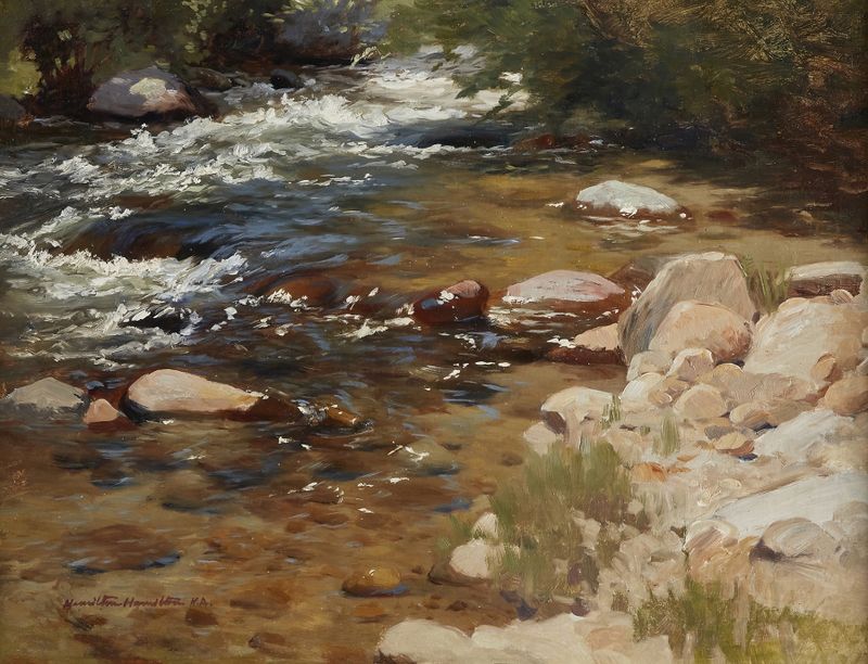 Impressionist landscape of a rushing stream by Hamilton Hamilton