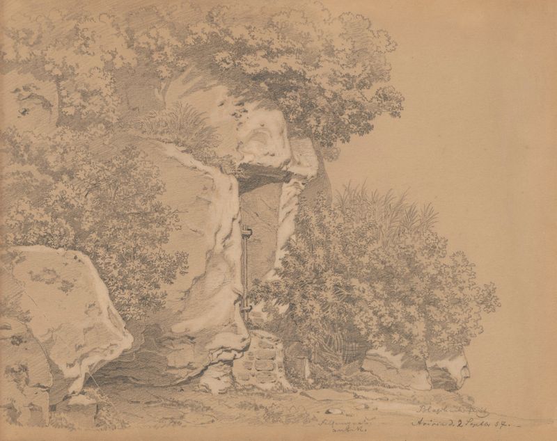 Entrada a una cueva en Ariccia, óleo sobre lienzo de Arthur Blaschnik, con luz iluminando rocas texturizadas y vegetación.