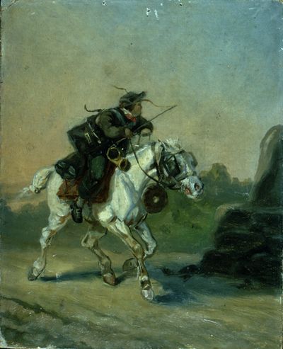 Oil painting by Johan Arsenius depicting a Swedish postman with horse and posthorn.