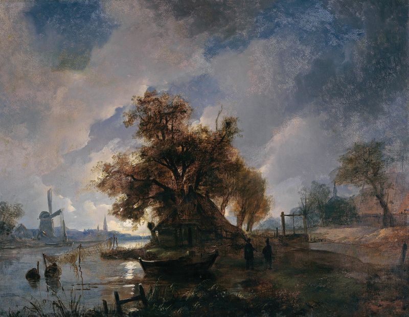 Holländische Flusslandschaft by Remigius Adrianus van Haanen, oil painting depicting a tranquil river landscape.