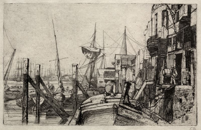 The Limehouse de James Abbott McNeill Whistler, pintura al óleo que muestra barcos en aguas tranquilas.