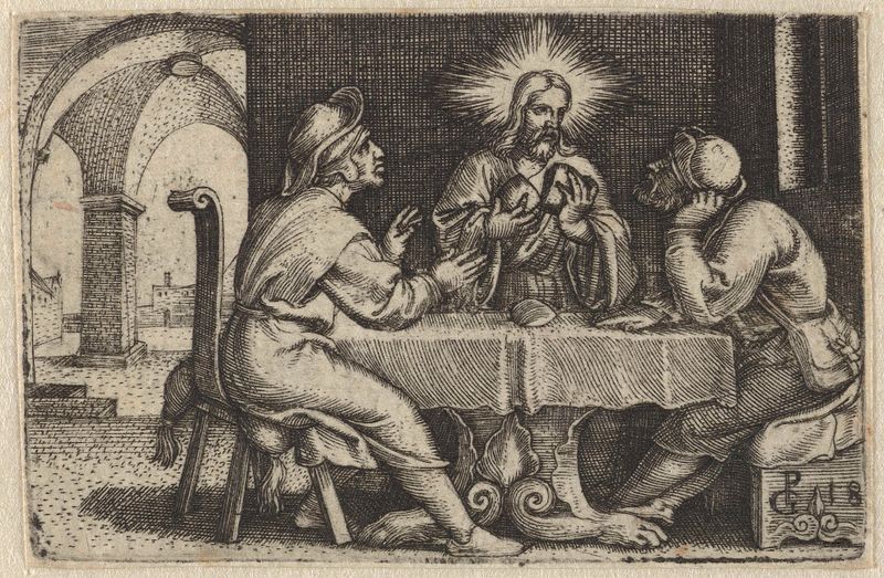 Gravura de Georg Pencz representando uma refeição com discípulos em um ambiente religioso.
