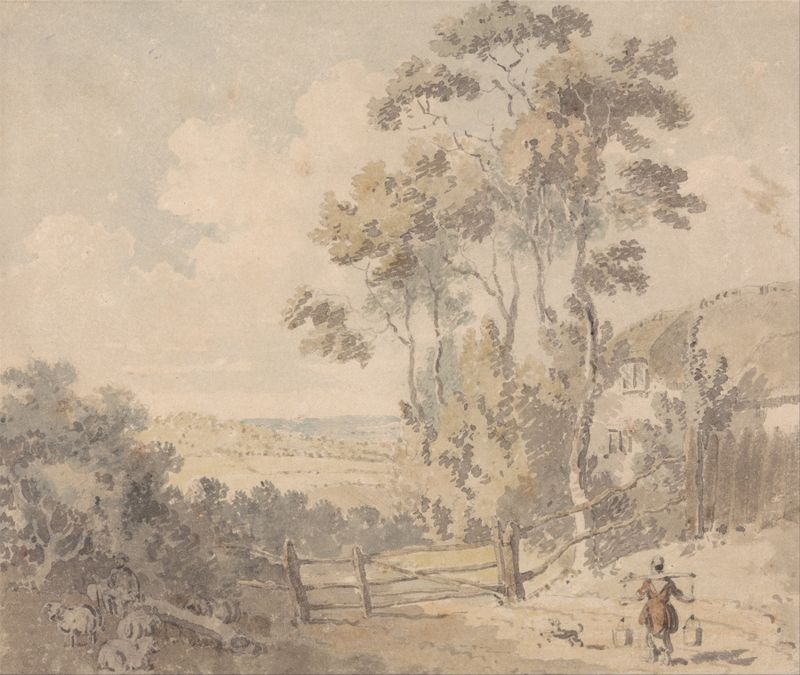 Lechera y perro en un paisaje, óleo sobre lienzo de Edward Dayes