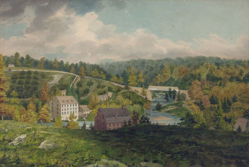 Mill on the Brandywine, Delaware de John Rubens Smith, óleo sobre tela mostrando um moinho ao lado de um rio.