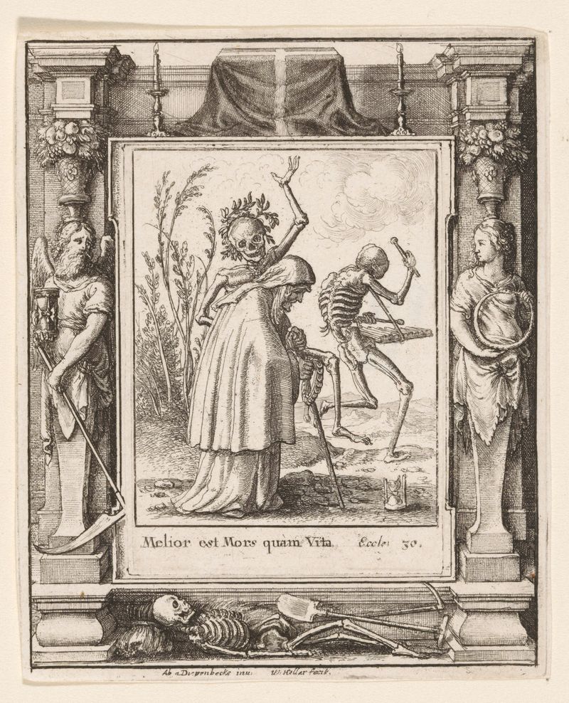 Grabado de Wenceslaus Hollar de una anciana enfrentando la muerte.