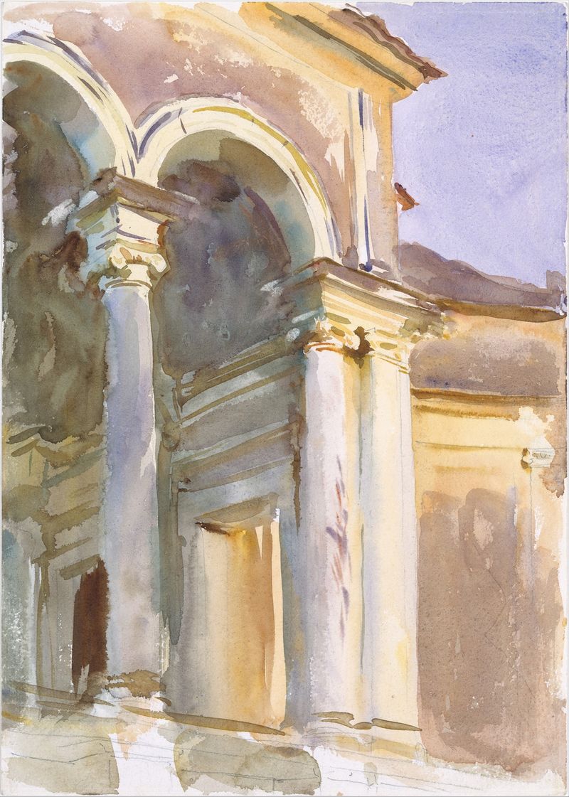 Loggia, Villa Giulia, Roma de John Singer Sargent, óleo sobre lienzo, con luz a través de arcos.