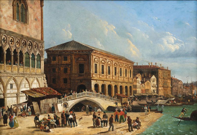 Paisagem de Veneza com canal e Ponte della Paglia, óleo sobre tela de Giuseppe Canella