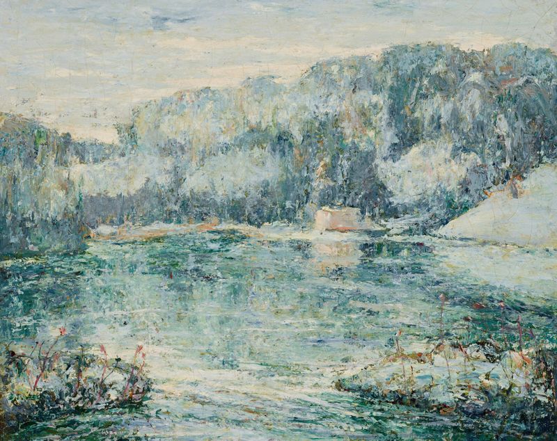 Winter landscape with a river and snow by Ernest Lawson, oil on canvas