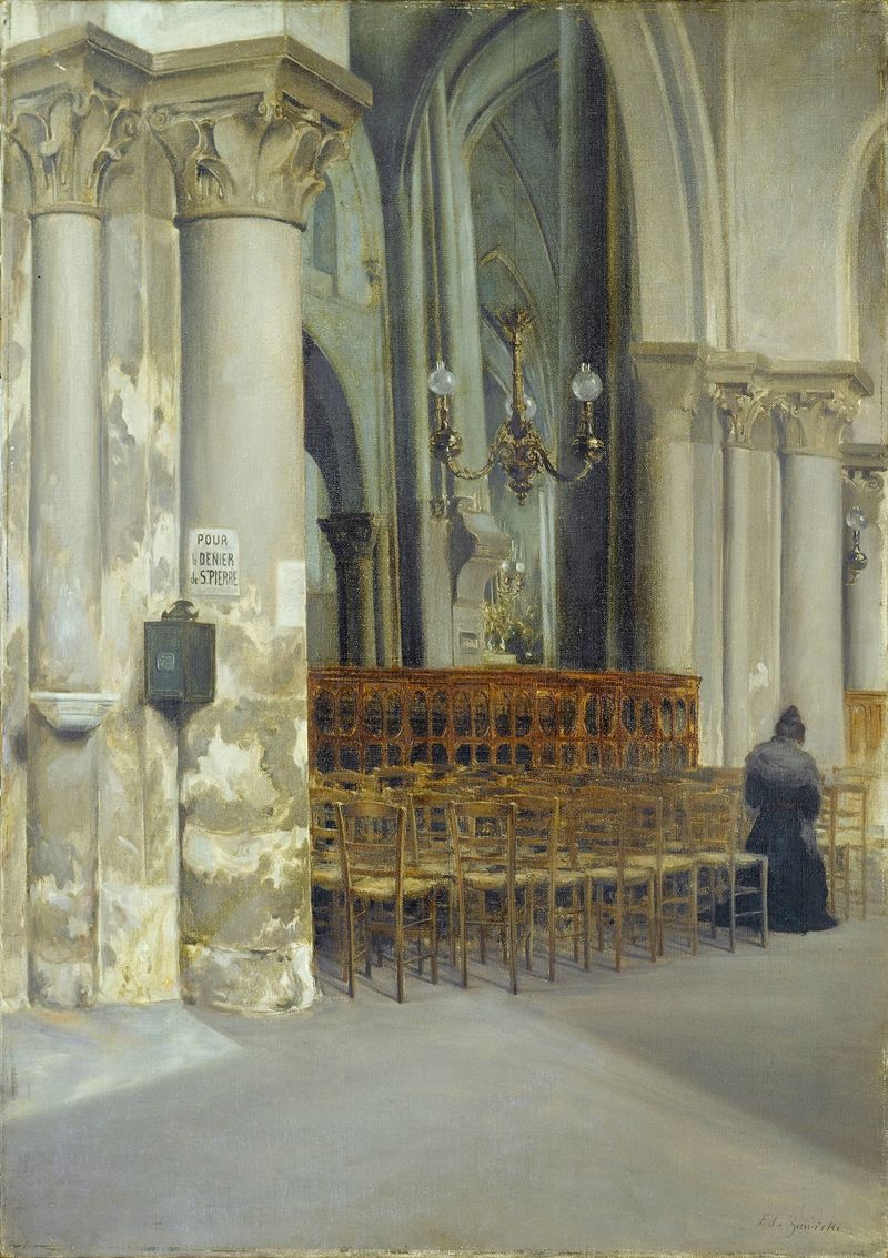 Interior of a church with arches and light, oil painting by Edouard Zawiski