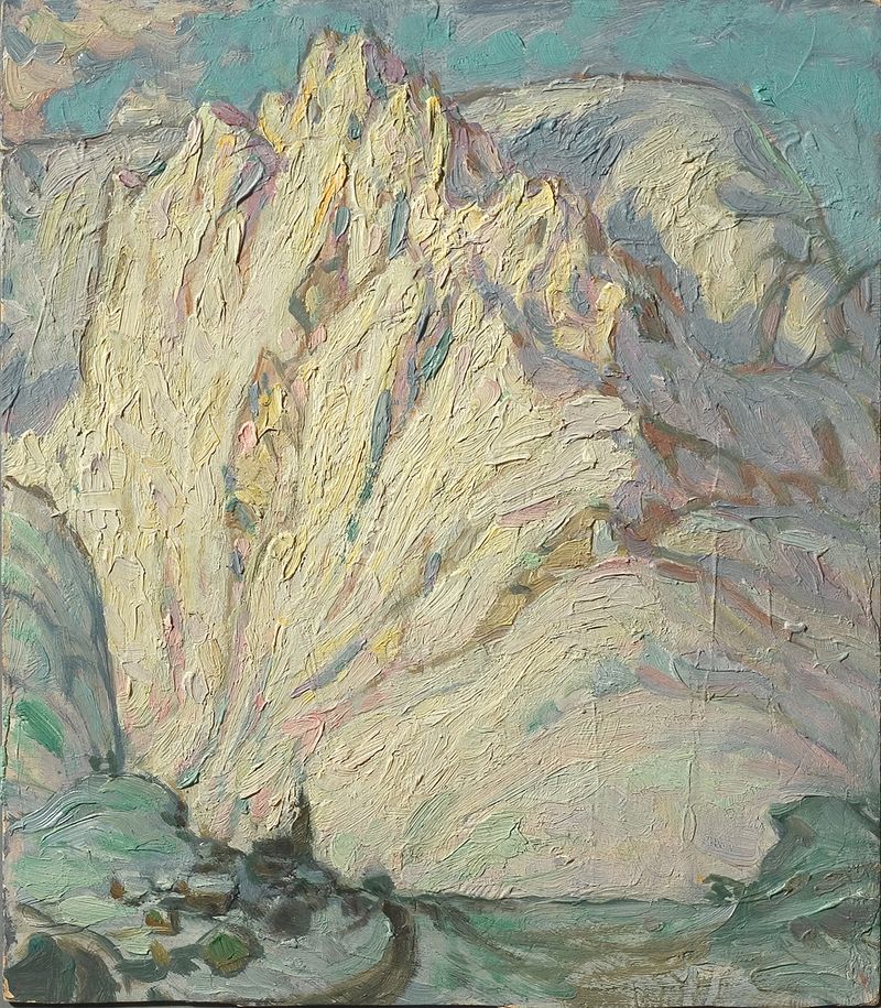 Snowy landscape with mountains and snow by Anna Boberg, oil painting, 1930