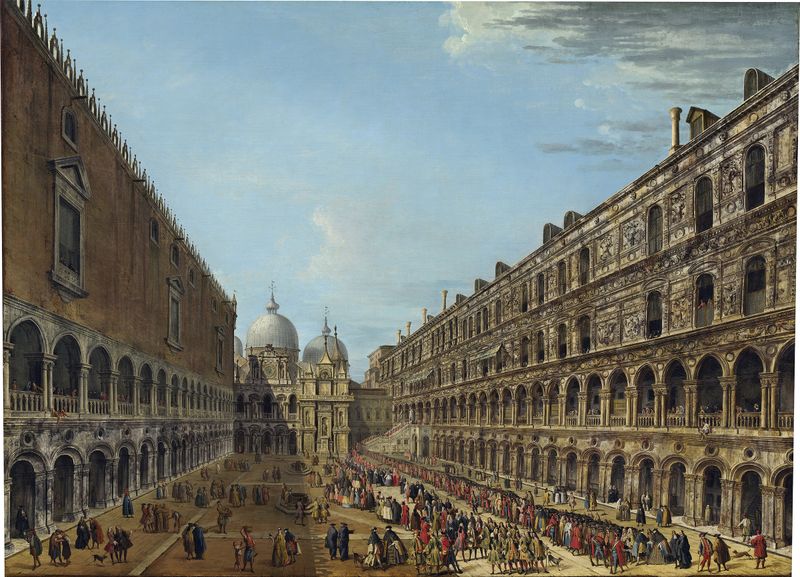 Rococo scene of dignitaries and figures in the Ducal Palace courtyard by Antonio Joli
