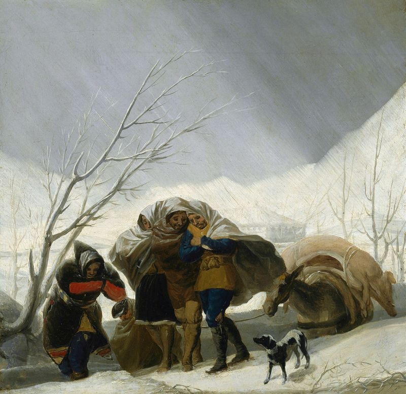 Winter Scene de Francisco de Goya, óleo sobre lienzo que representa un paisaje nevado con árboles y cielo pálido.