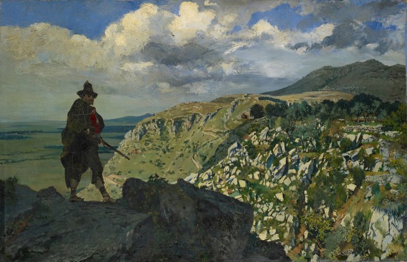 Obra figurativa de Frank Buchser mostrando um brigante em guarda nas montanhas, pintura a óleo