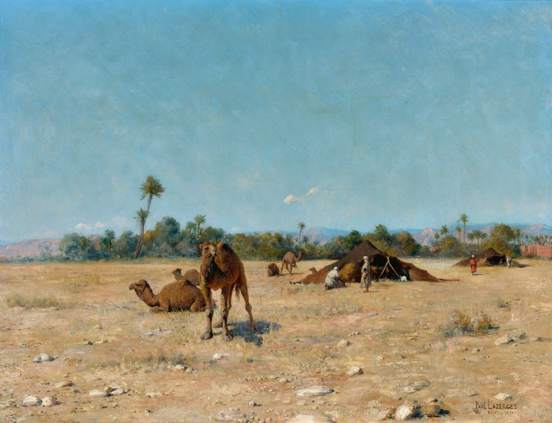 Bedouin Camp, Biskra by Jean Baptiste Paul Lazerges, oil on canvas depicting a desert camp at night.