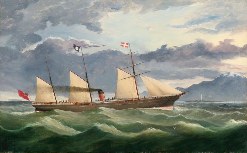 Cena marinha com um navio se aproximando da costa, óleo de Thomas Robertson