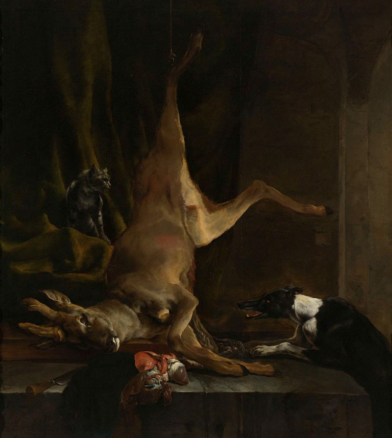 A dog and a cat near a partially disembowelled deer, oil on canvas by Jan Baptist Weenix
