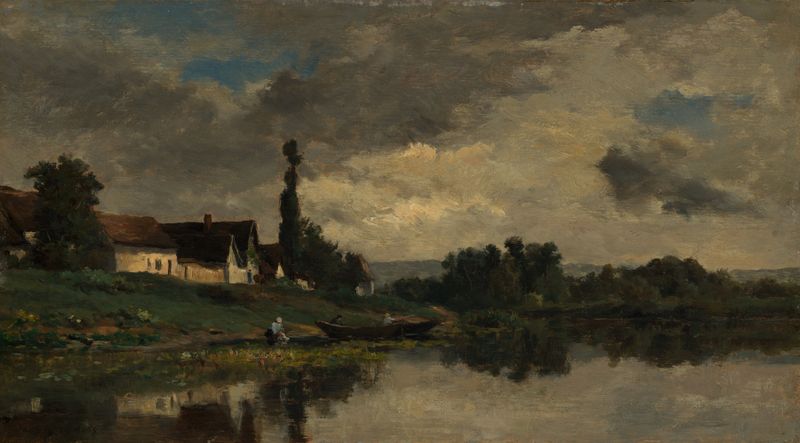 Portejoie en el Sena, óleo sobre lienzo de Charles François Daubigny, que representa un paisaje sereno.