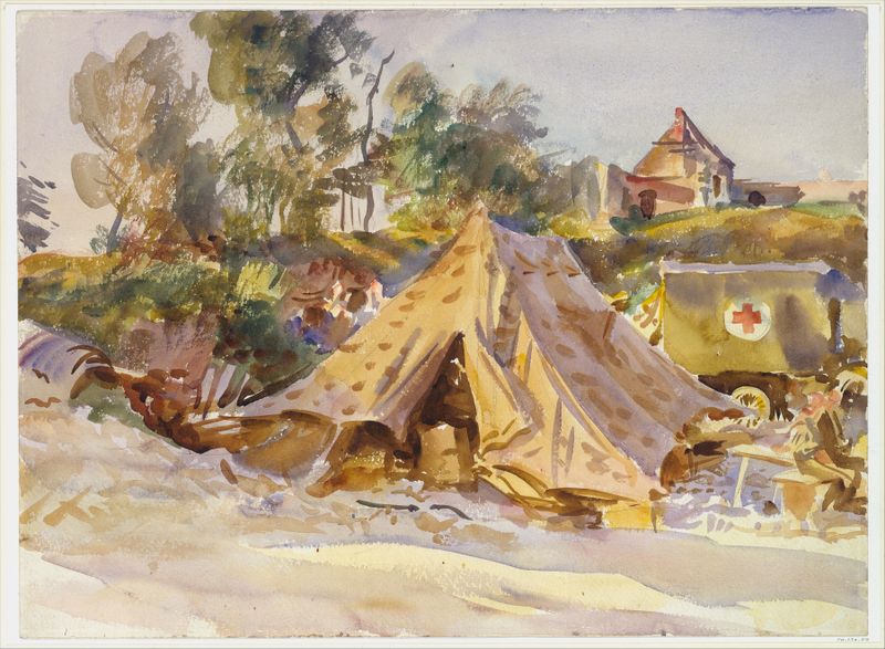 Pintura figurativa a óleo de John Singer Sargent mostrando uma figura solitária sob uma ambulância.