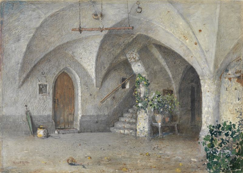 Cena interior com luz suave e sombras, pintura a óleo de Robert Russ