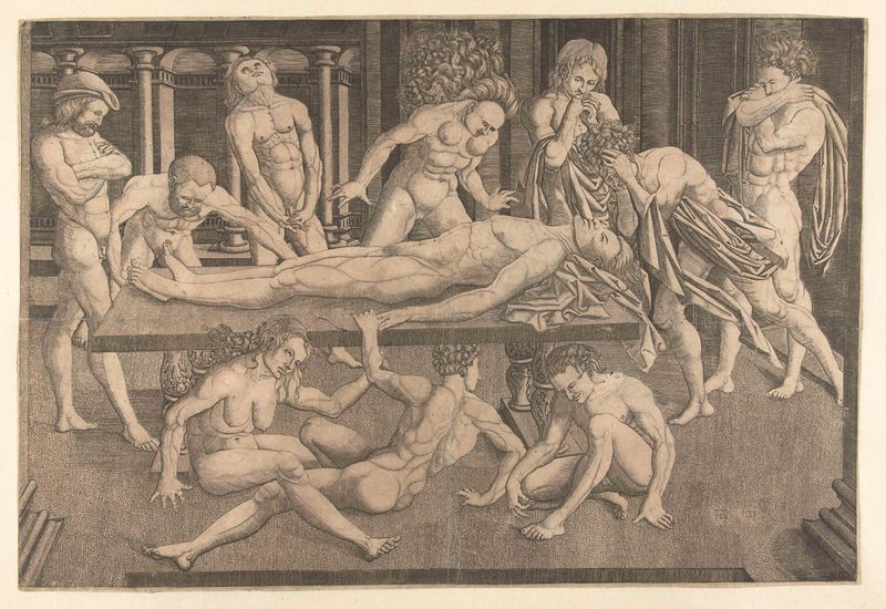 Engraving by Allaert Claesz depicting mourners around a deceased figure