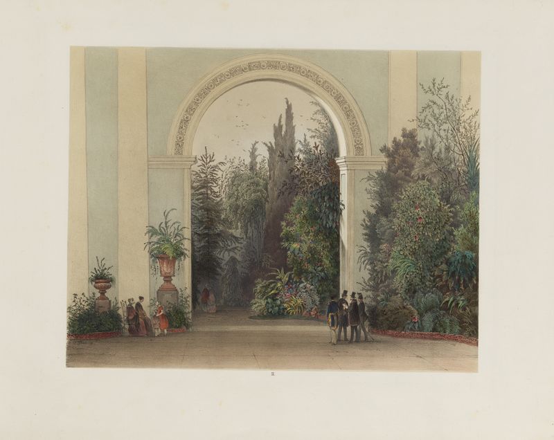 Interior view of a winter garden featuring a glass structure by Franz Antoine, 1852