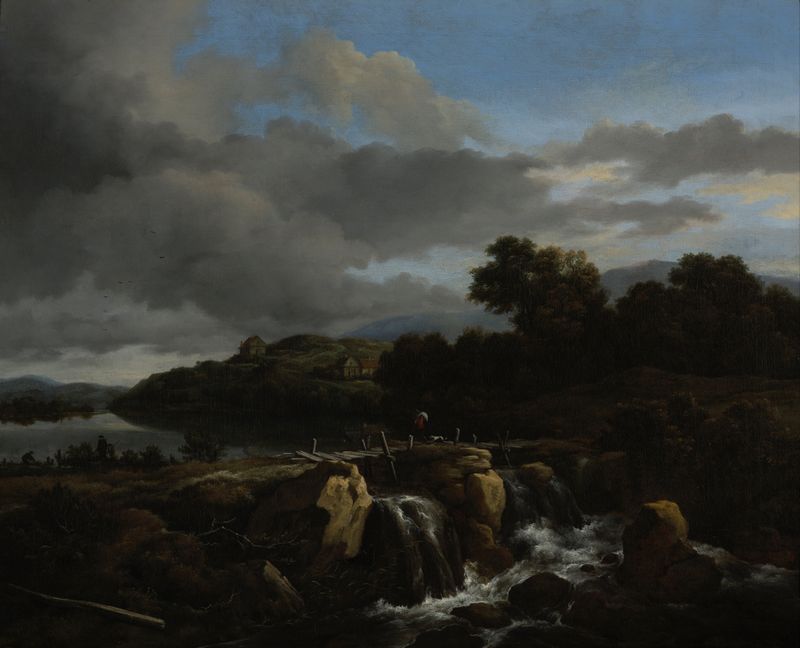 Landscape with Cascade, pintura al óleo de Jacob van Ruisdael con una cascada, bosque y nubes.