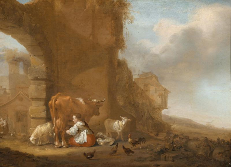 Una lechera entre ruinas, pintura al óleo de Nicolaes Pietersz Berchem