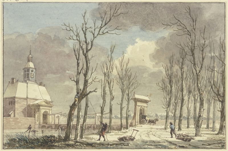 Winter landscape with a canal, bridge, and tower by Hermanus Numan, oil on canvas