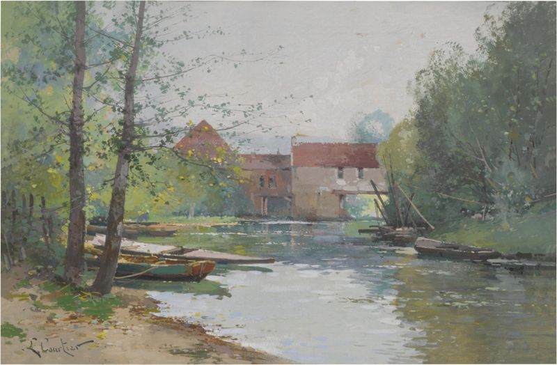 Vieux Moulin de Dennemont by Eugène Galien-Laloue, oil painting of a rustic mill at sunset.